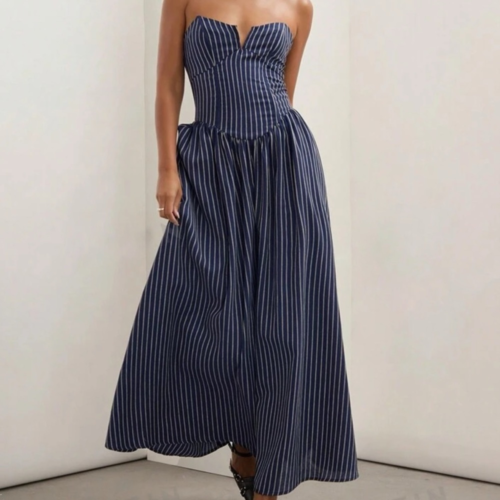 Blue and white striped maxi dress